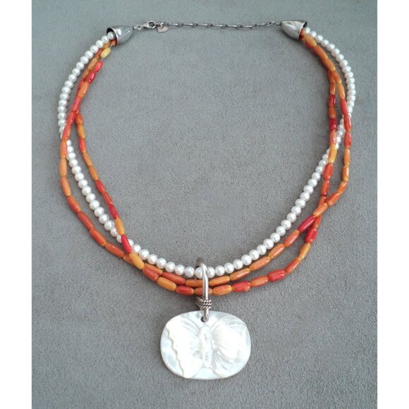 JAY KING DTR Multi-Strand CORAL & PEARL NECKLACE with MOP BUTTERFLY PENDANT - Picture 1 of 7
